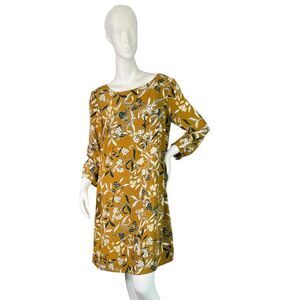 Amour Vert Sandrine Silk Short Dress in Gold Mustard Floral Print $248 Size M